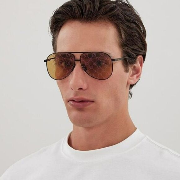 NEW Gucci GG1677S 005 Black Yellow Mirror Logo Pilot Unisex Sunglasses - Picture 1 of 12